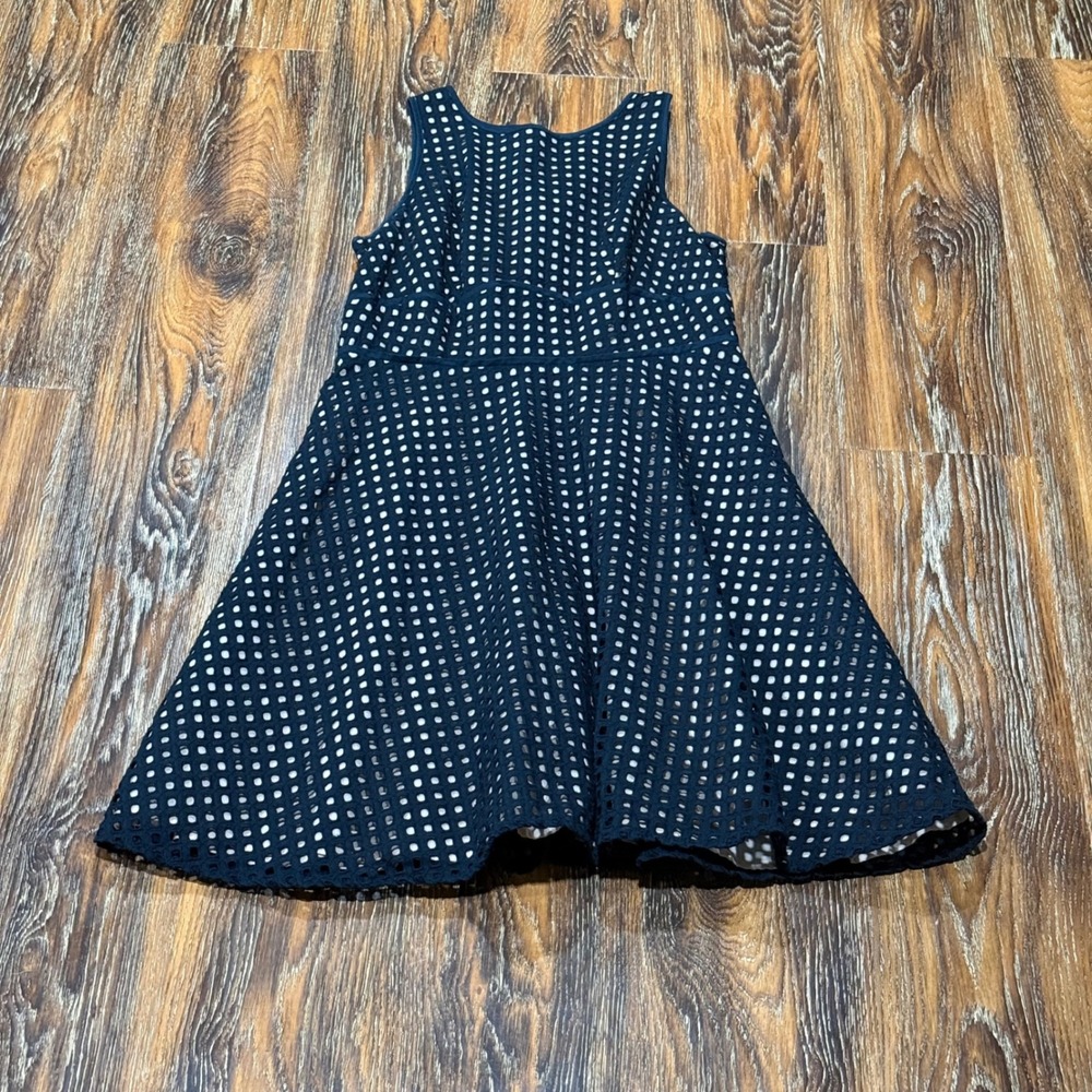 LOFT Black Beige Eyelet Lace Fit Flare Dress Womens Petite 4P Sleeveless Cotton